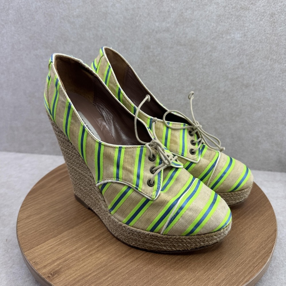 Tabitha Simmons Shoes Womens Size 7.5 Beige Linen Espadrille Wedge Italy - Picture 2 of 11